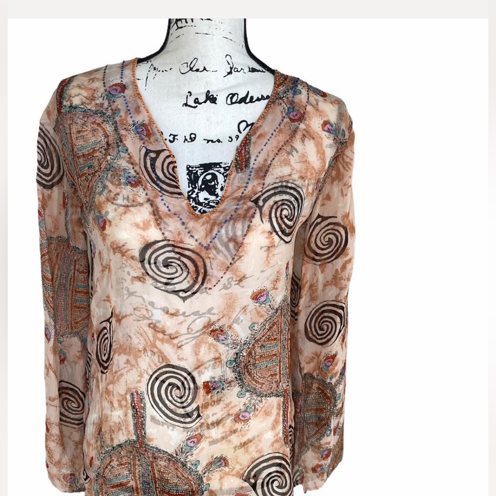 Brown Tan Sheer V neck Boho Blouse Retro Tunic Top Dramatic Split Bell Sleeves S